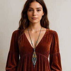 Vintage 1928 Lavalier Necklace Blue Green Glass Rhinestone Beaded Victorian Look